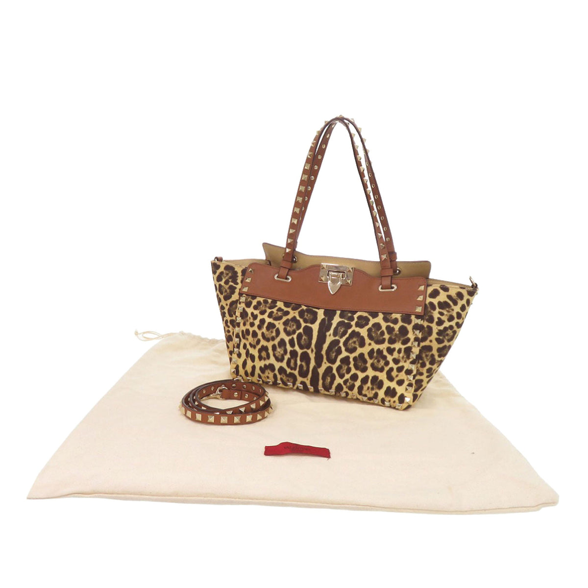 Valentino Small Leopard Printed Canvas Rockstud Trapeze Satchel — Brown