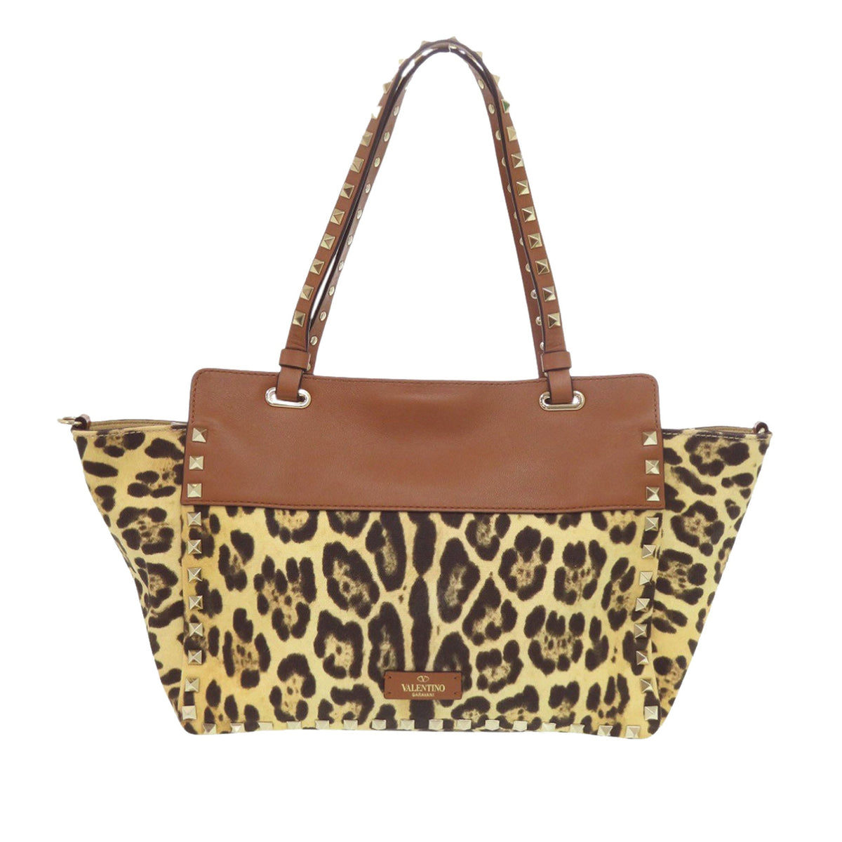 Valentino Small Leopard Printed Canvas Rockstud Trapeze Satchel — Brown