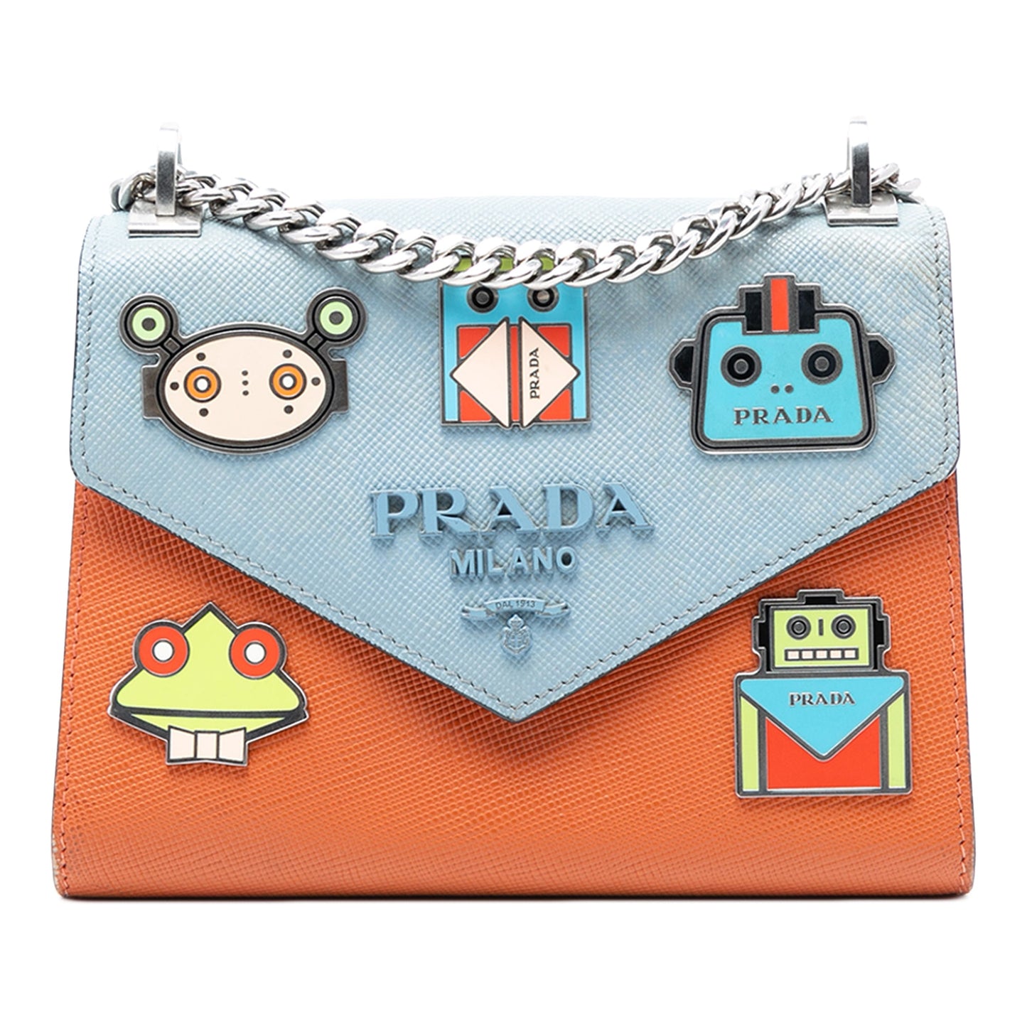 Prada Bicolor Saffiano Cuir Monochrome Robot Patches Envelope Chain Flap