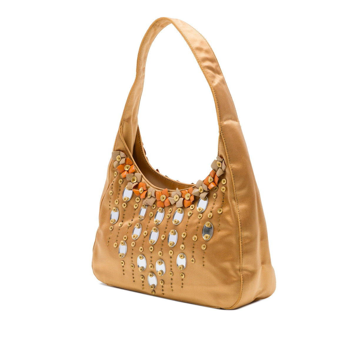 Prada Floral Embellished Satin Shoulder Bag — Gold