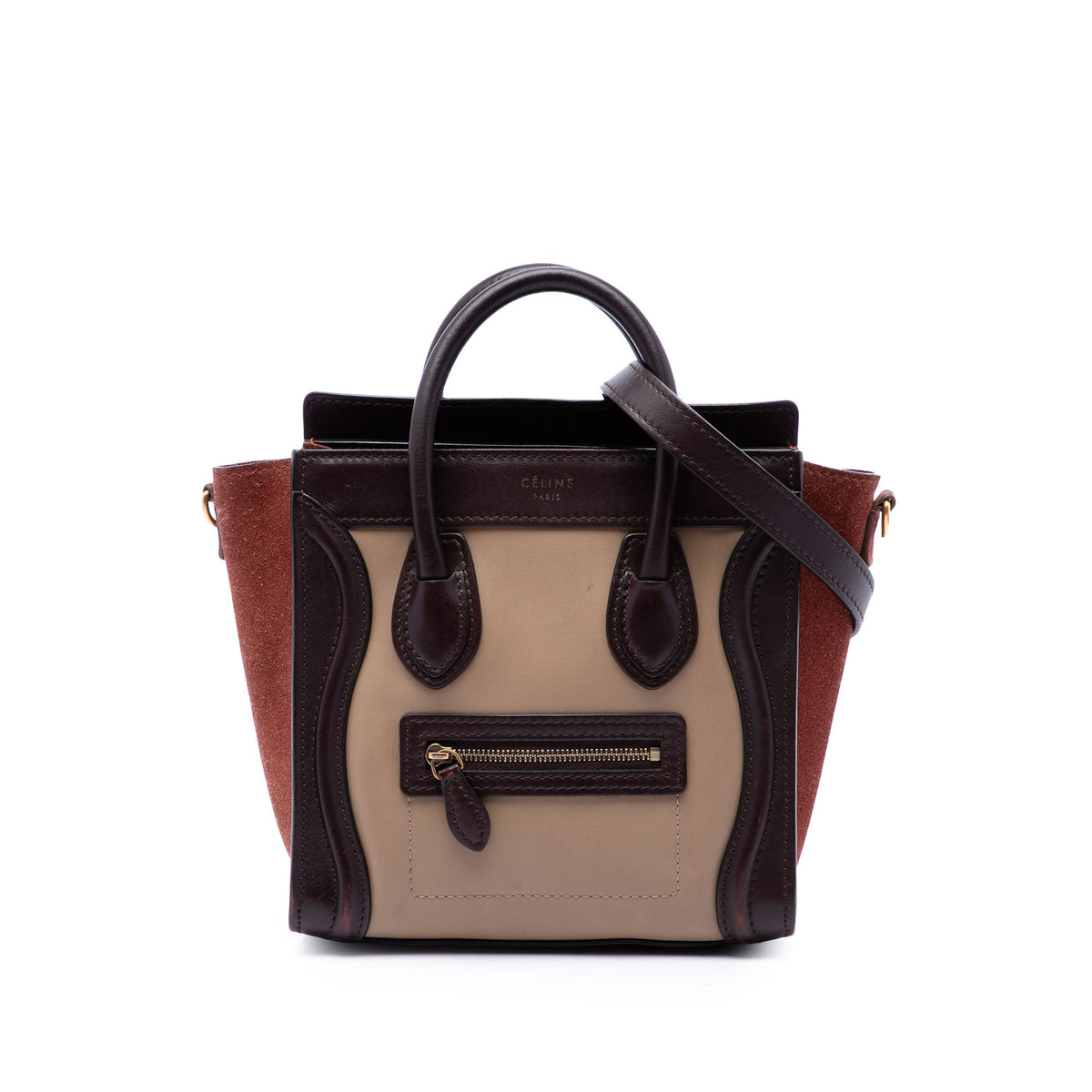 Celine Nano Tricolor Calfskin and Suede Luggage Tote — Brown