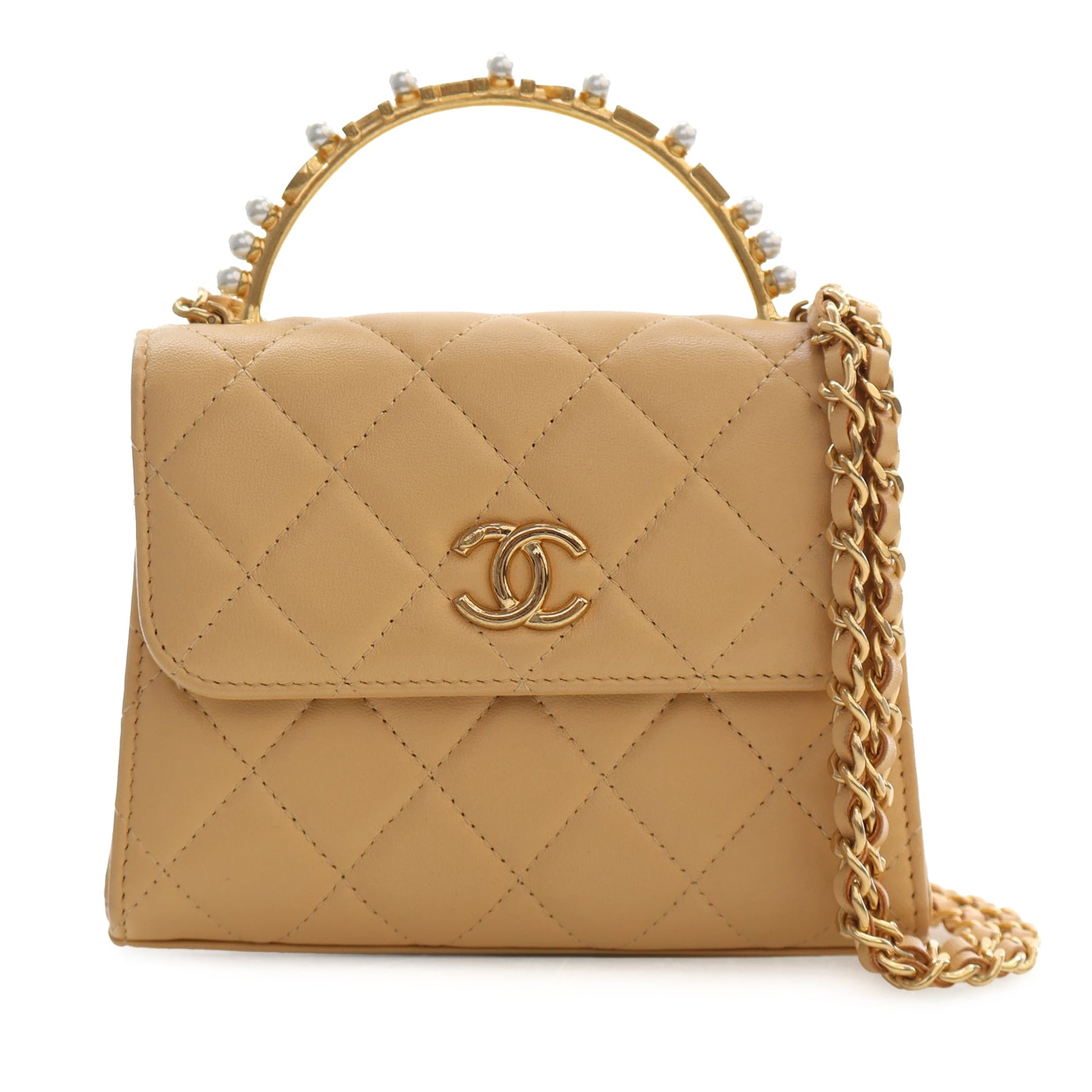 Chanel CC Quilted Lambskin Faux Pearl Top Handle Flap