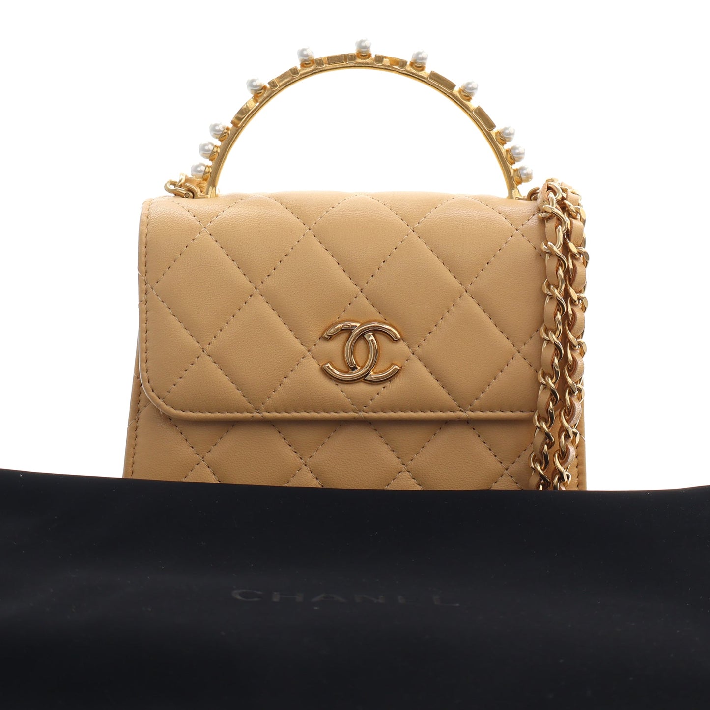 Chanel CC Quilted Lambskin Faux Pearl Top Handle Flap