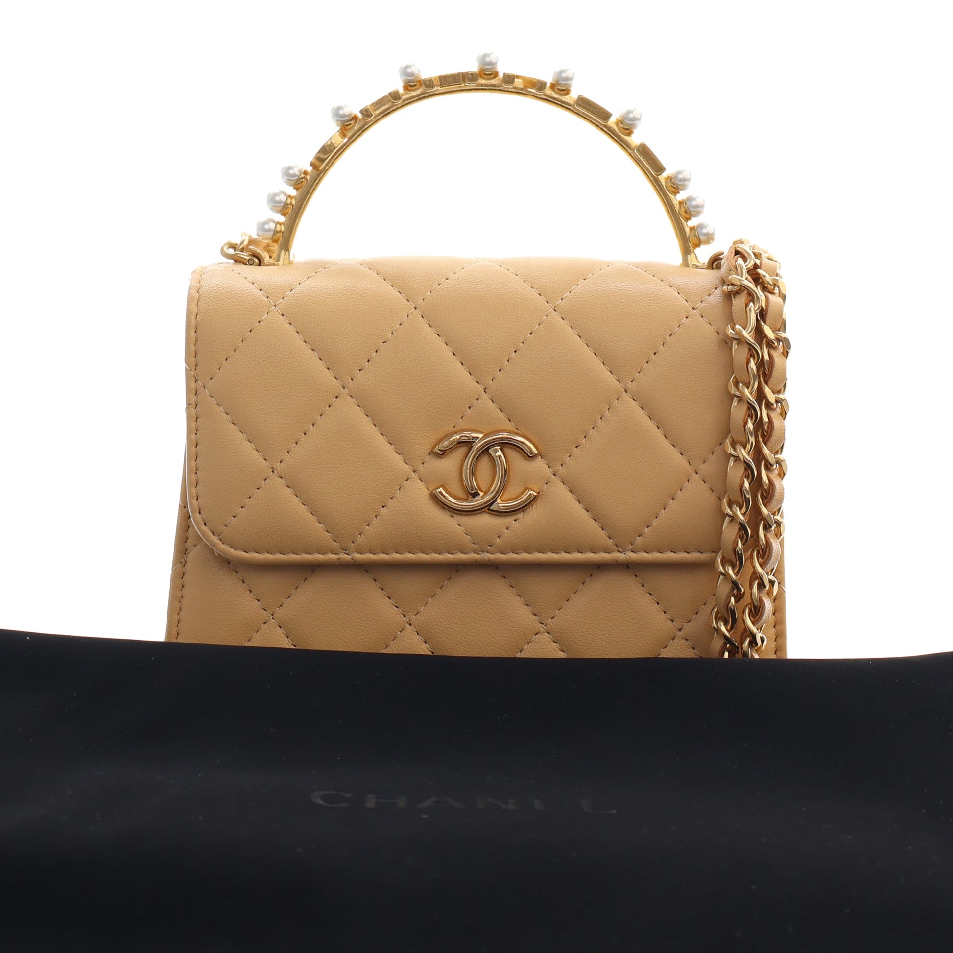 Chanel CC Quilted Lambskin Faux Pearl Top Handle Flap