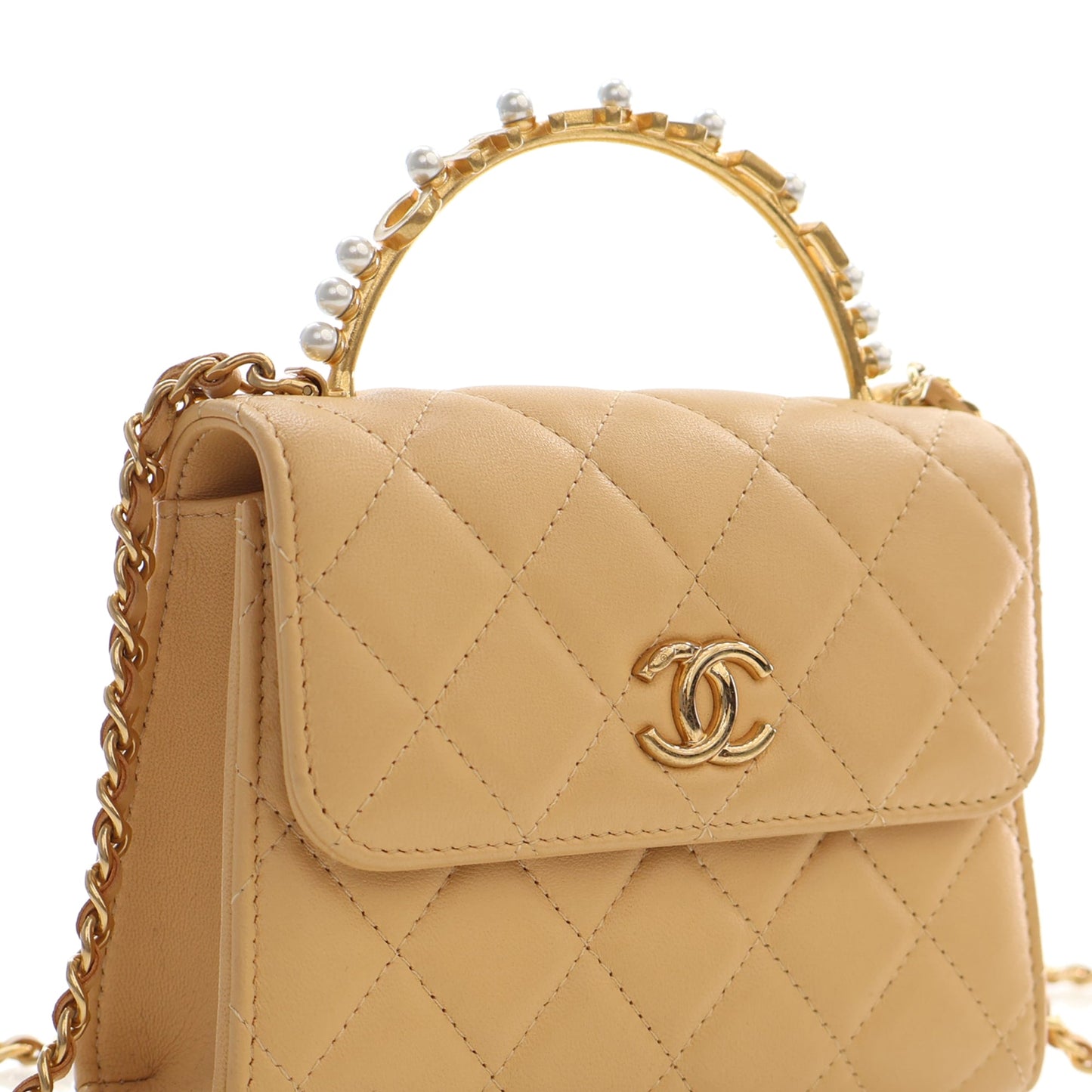 Chanel CC Quilted Lambskin Faux Pearl Top Handle Flap