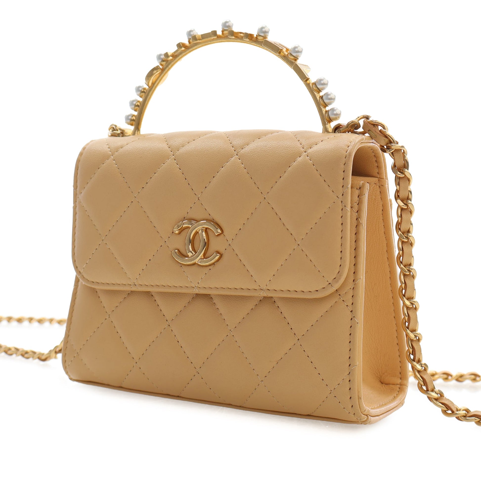 Chanel CC Quilted Lambskin Faux Pearl Top Handle Flap