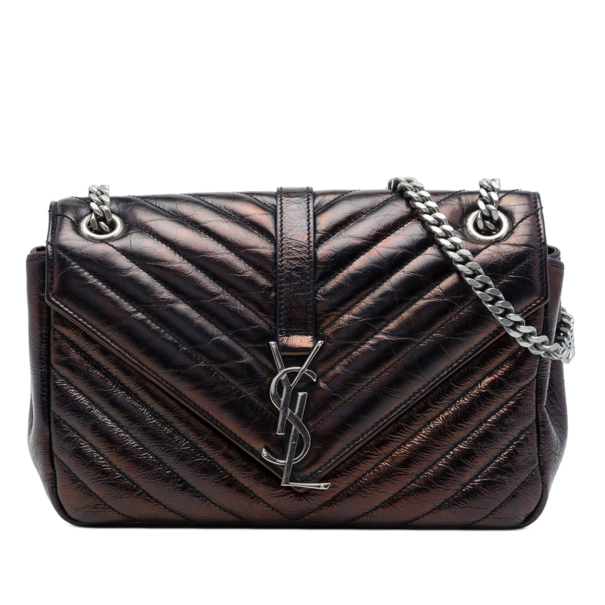 Saint Laurent Medium Chevron Metallic Crinkled Calfskin Punk Chain Bag — Brown