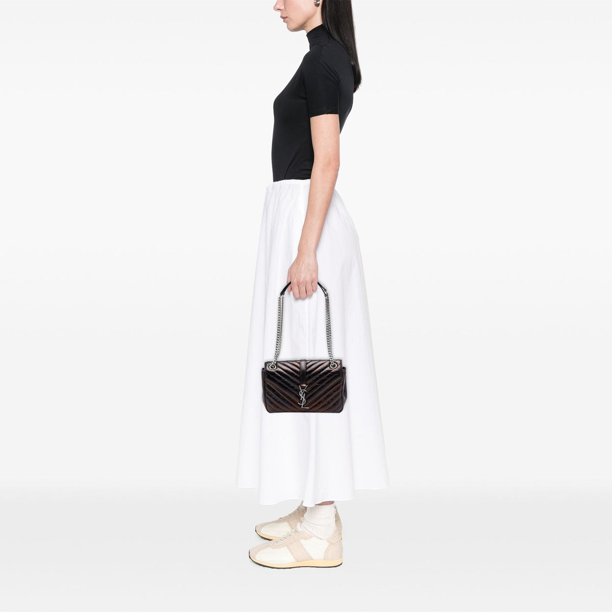 Saint Laurent Medium Chevron Metallic Crinkled Calfskin Punk Chain Bag — Brown
