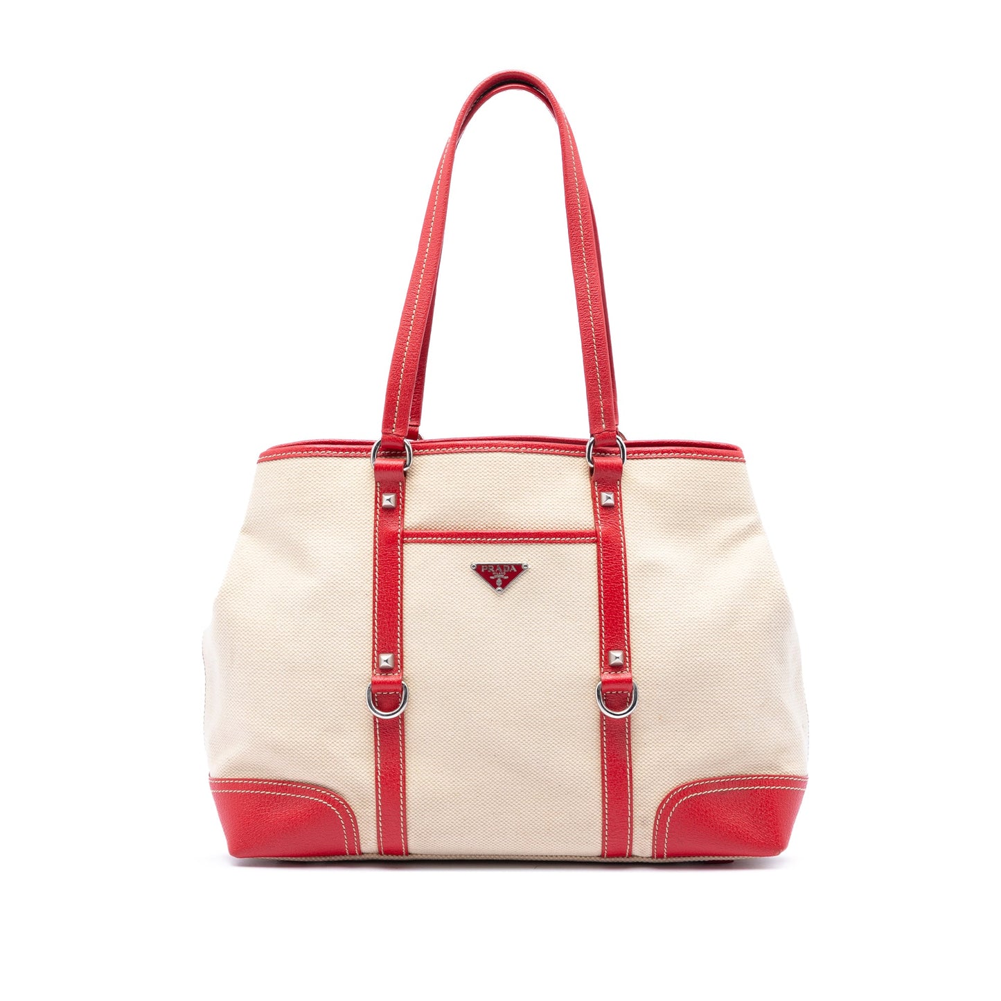 Prada Studded Leather Trimmed Canvas Front Pocket Tote