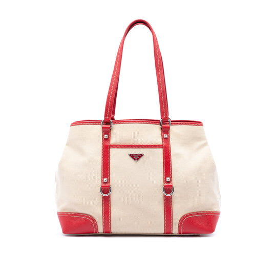 Prada Studded Leather Trimmed Canvas Front Pocket Tote