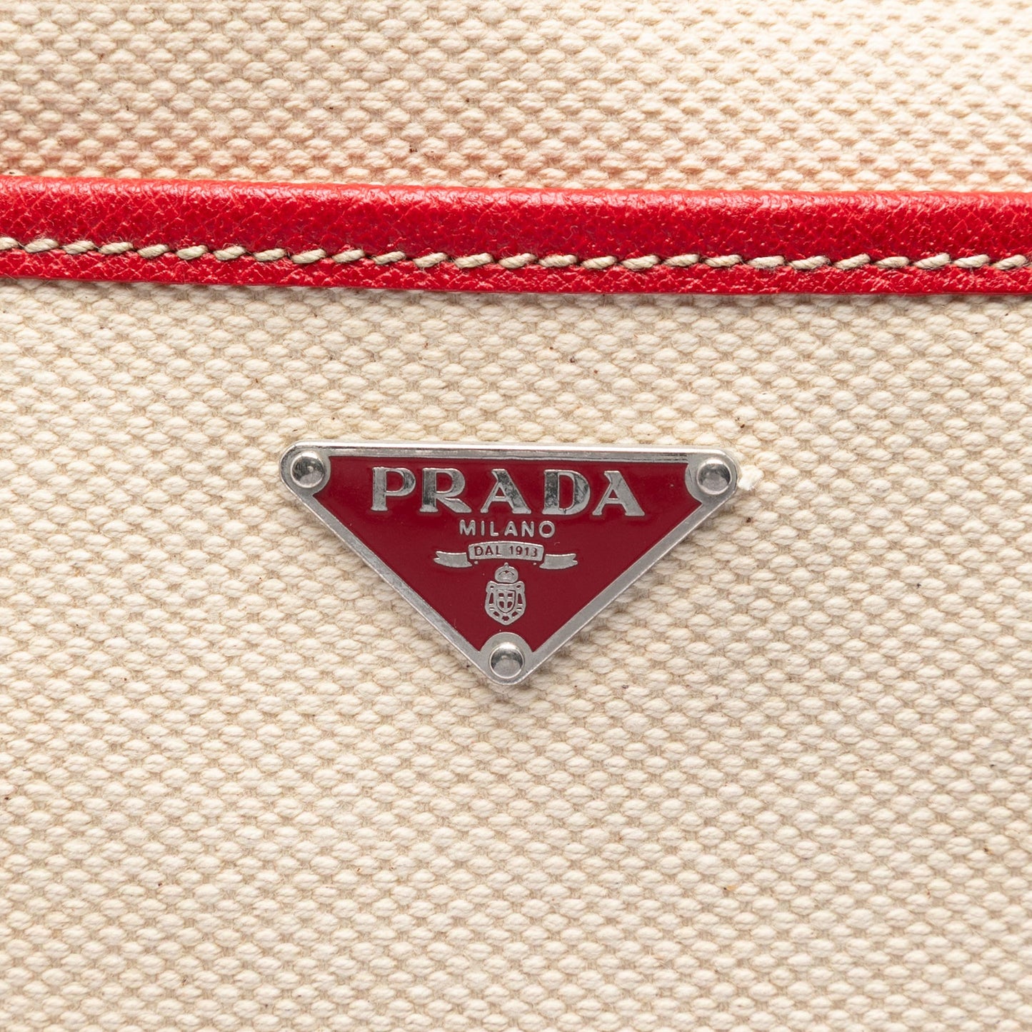 Prada Studded Leather Trimmed Canvas Front Pocket Tote