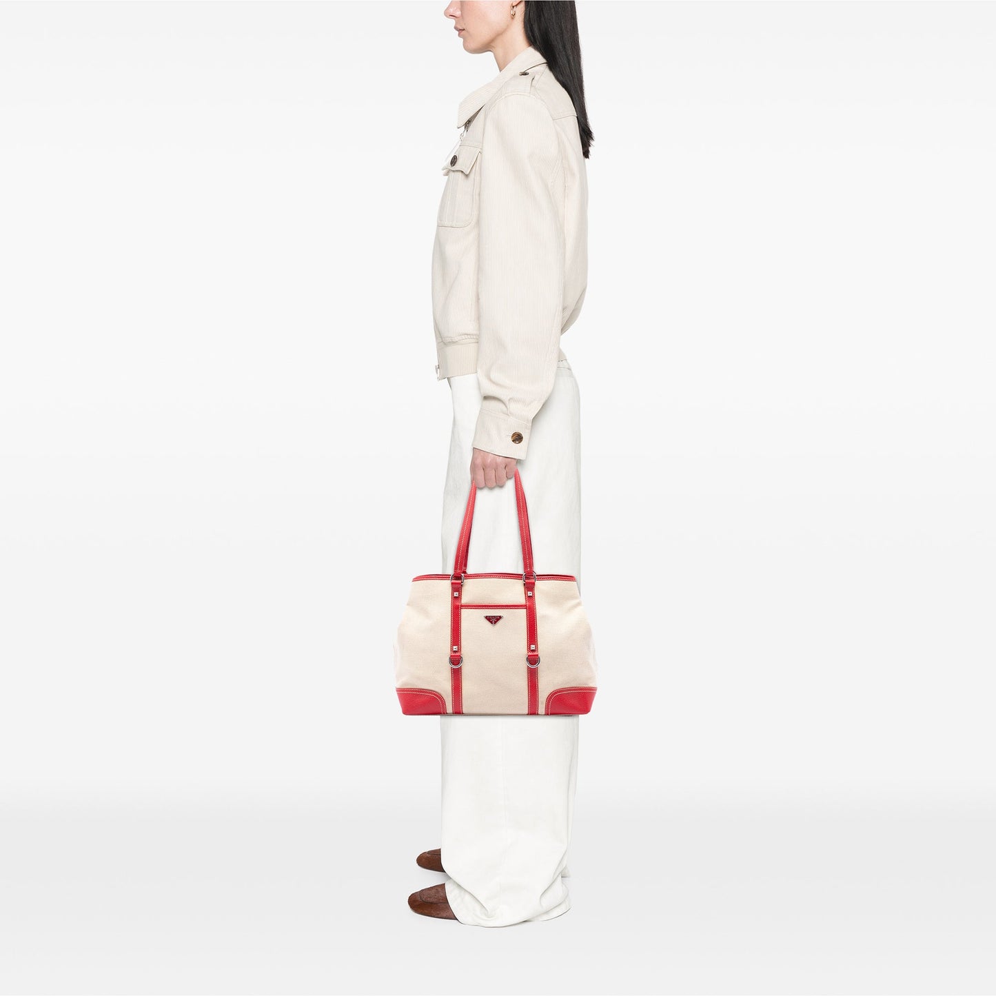 Prada Studded Leather Trimmed Canvas Front Pocket Tote