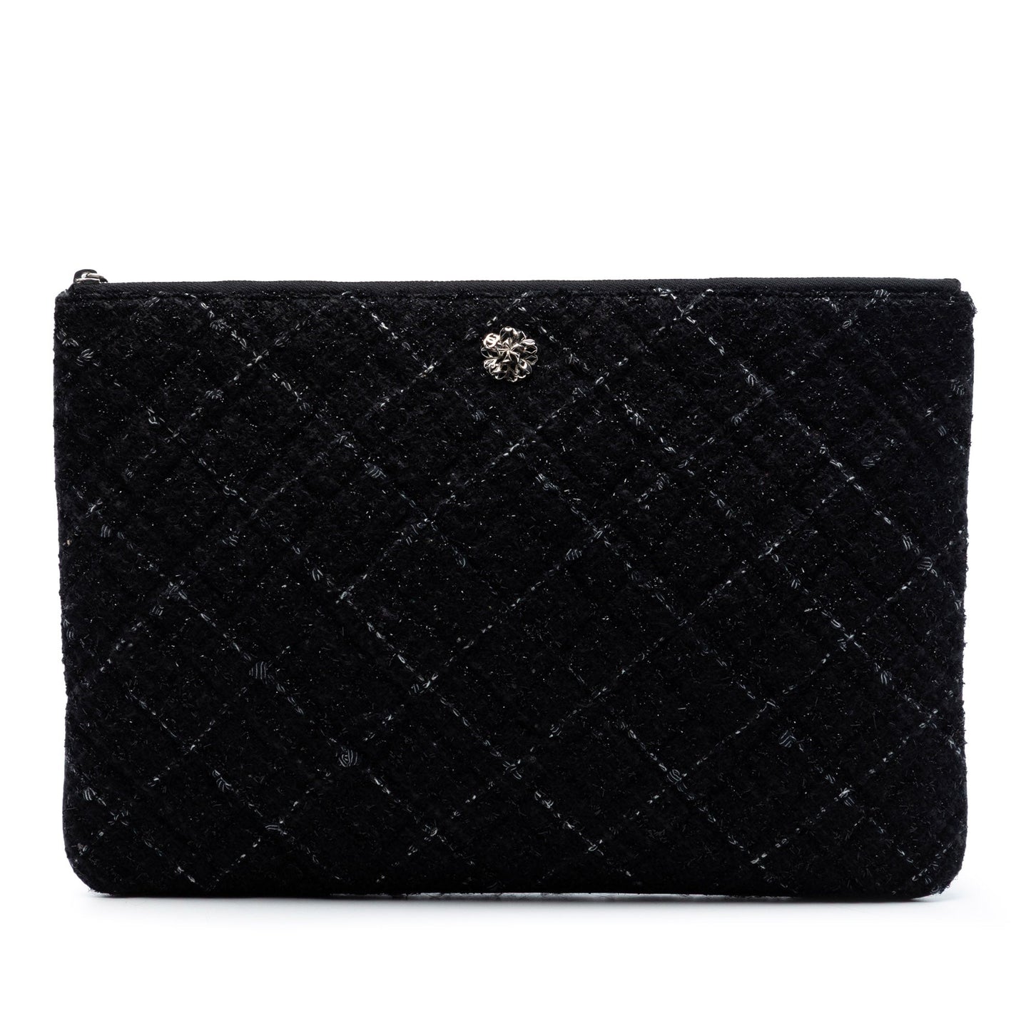 Chanel Large Quilted Tweed and Lambskin Camellia O Case Clutch