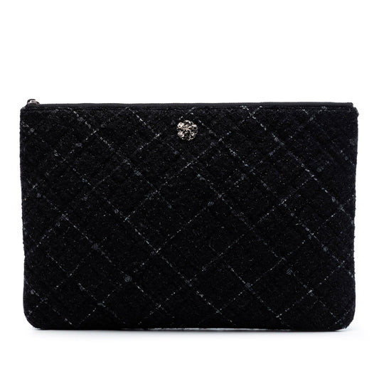 Chanel Large Quilted Tweed and Lambskin Camellia O Case Clutch