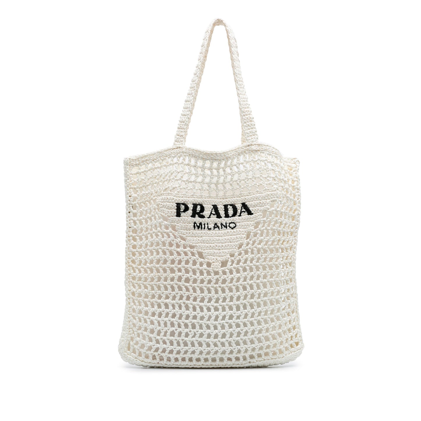 Prada Raffia Effect Crochet Logo Embroidered Tote
