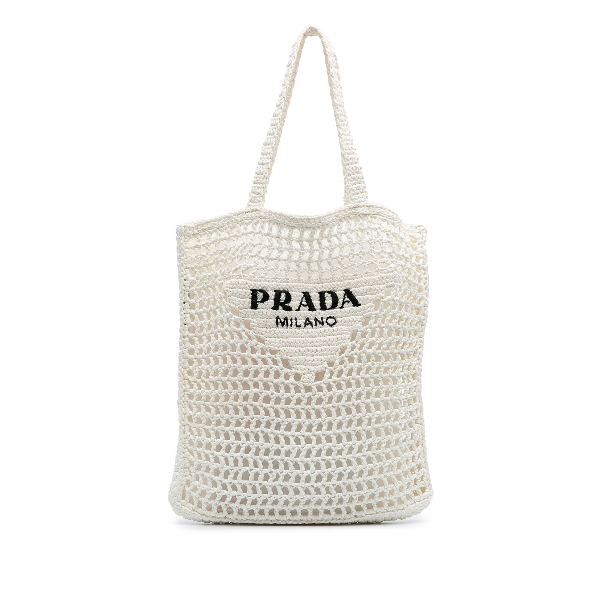 Prada Raffia Effect Crochet Logo Embroidered Tote