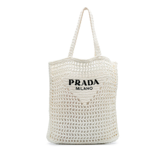 Prada Raffia Effect Crochet Logo Embroidered Tote