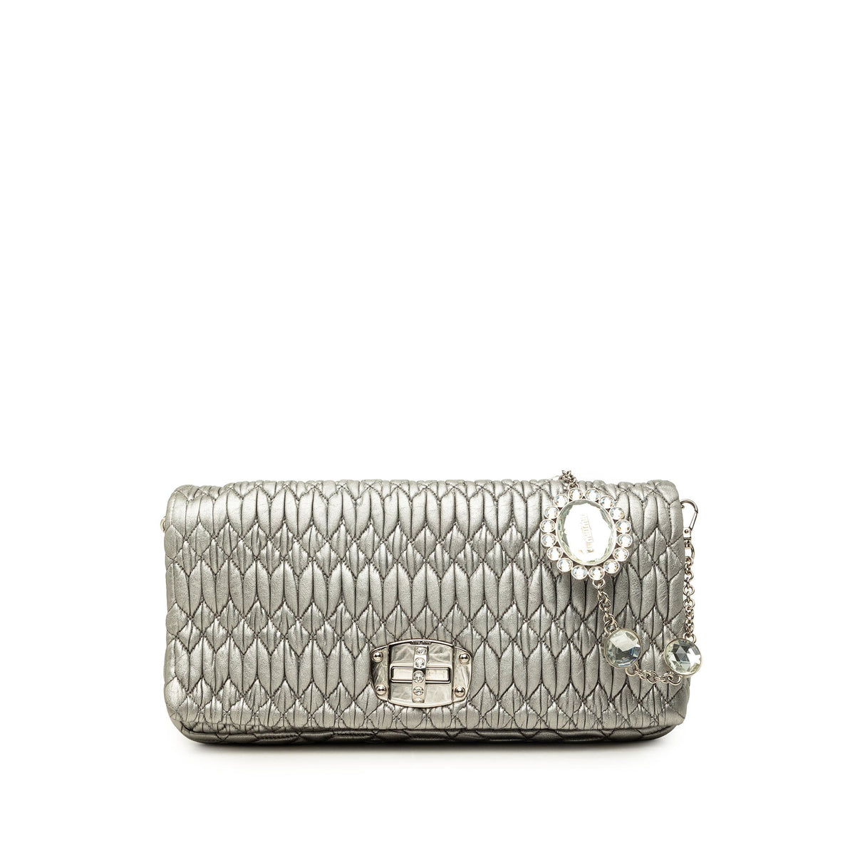Miu Miu Matelasse Metallic Nappa Crystal Chain Satchel — Silver