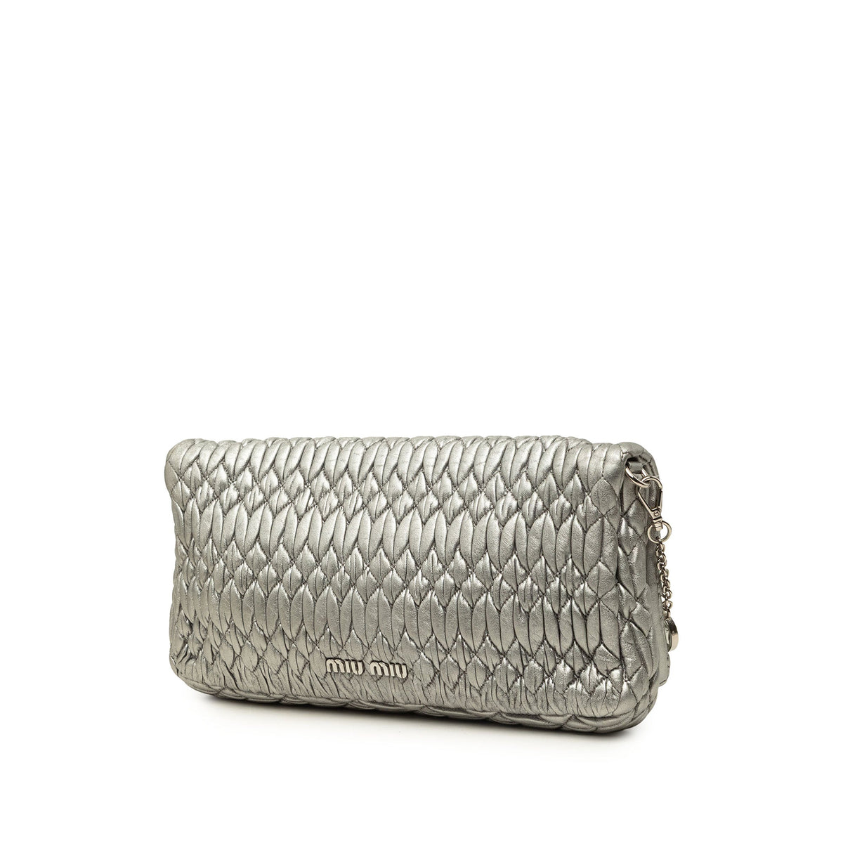 Miu Miu Matelasse Metallic Nappa Crystal Chain Satchel — Silver