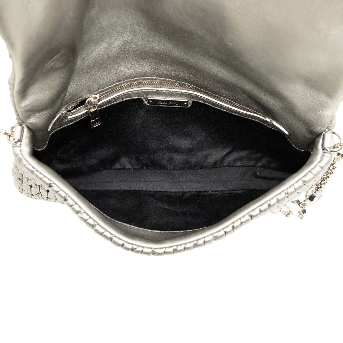 Miu Miu Matelasse Metallic Nappa Crystal Chain Satchel — Silver