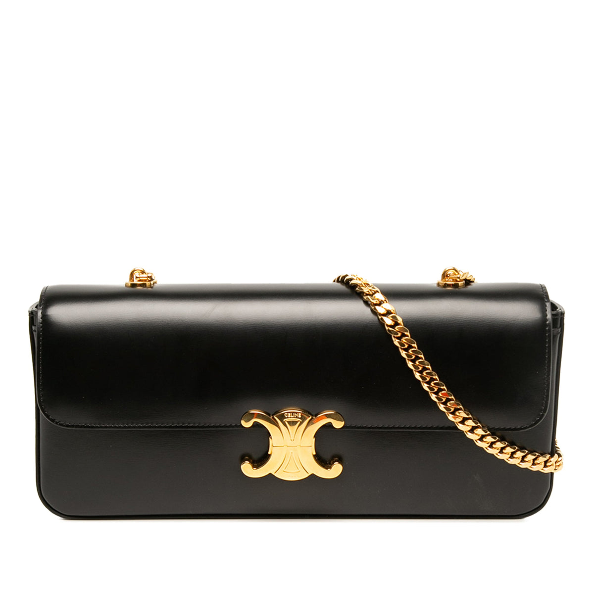Celine Shiny Calfskin Triomphe Chain Shoulder Bag — Black