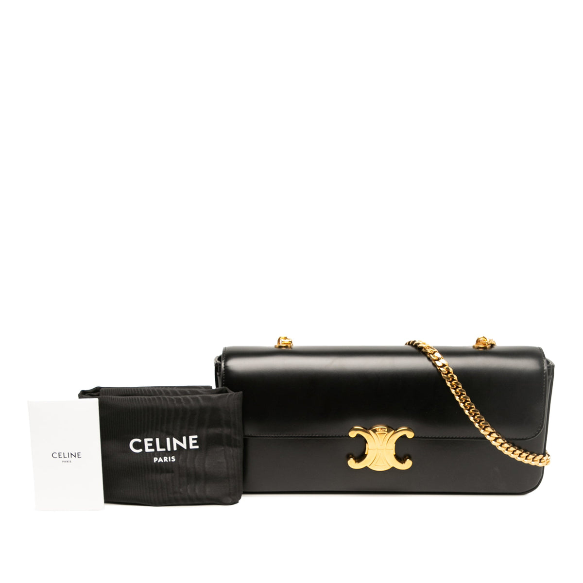 Celine Shiny Calfskin Triomphe Chain Shoulder Bag — Black