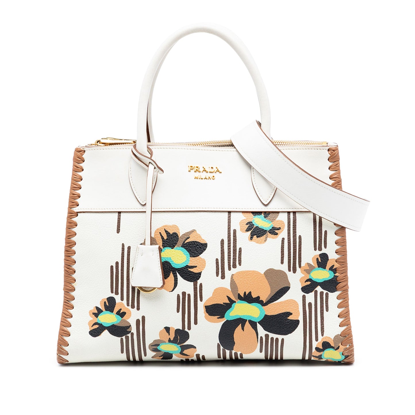 Prada City Calf Trimmed Madras Floral Print Paradigme Whipstitch Satchel