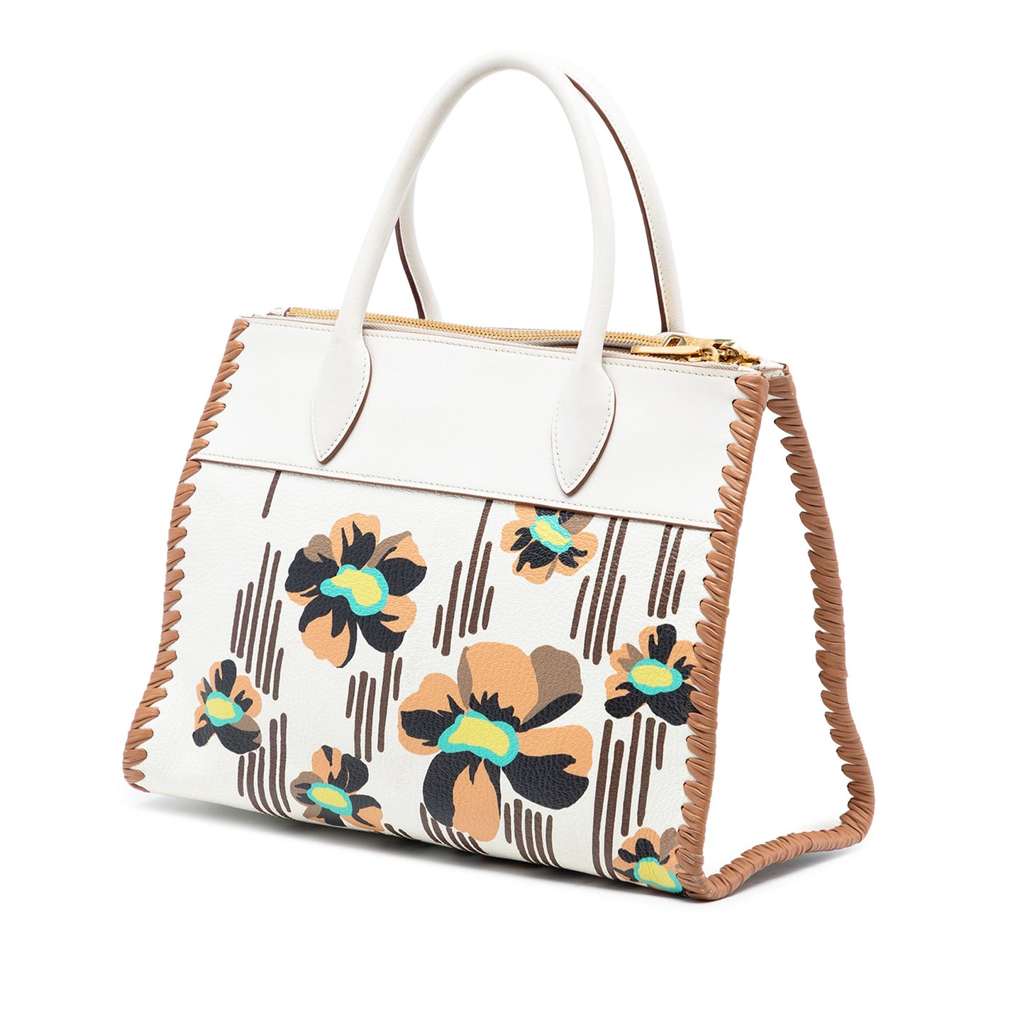 Prada City Calf Trimmed Madras Floral Print Paradigme Whipstitch Satchel