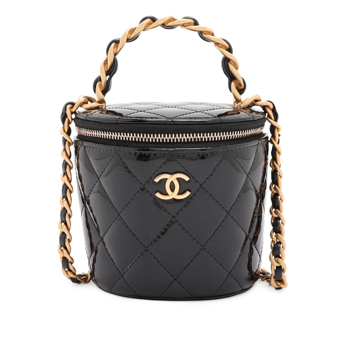 Chanel Quilted Patent Afternoon Tea Top Handle Vanity Case with Chain — Black