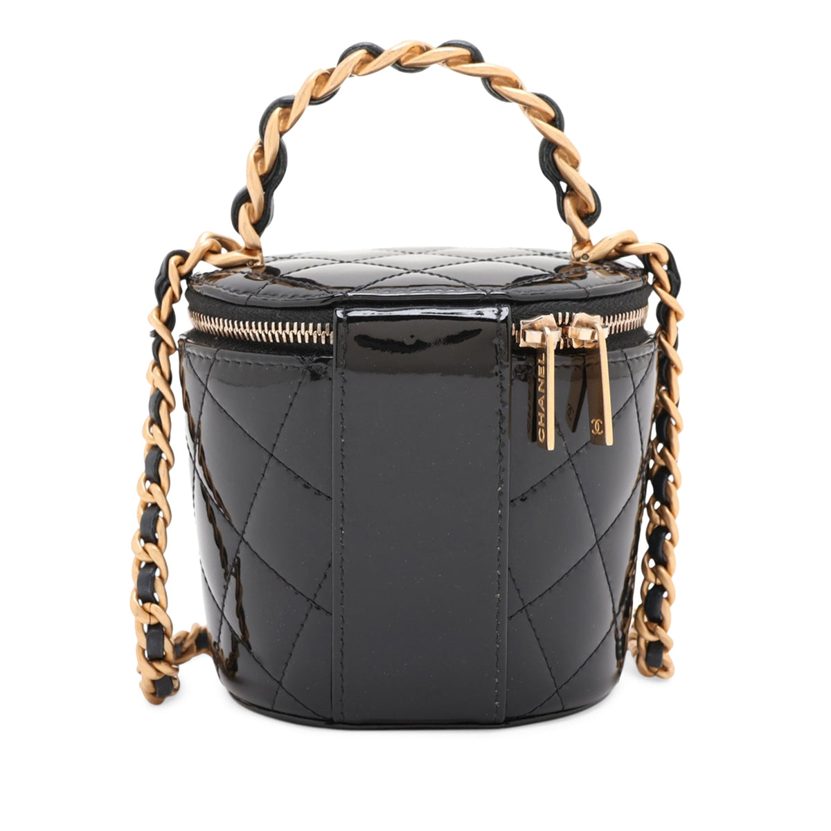 Chanel Quilted Patent Afternoon Tea Top Handle Vanity Case with Chain — Black