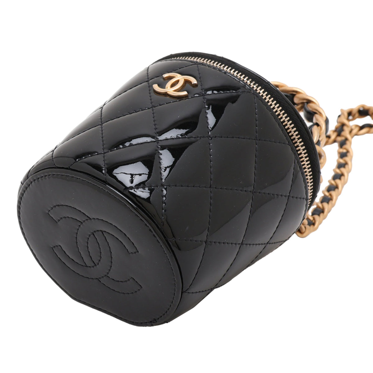 Chanel Quilted Patent Afternoon Tea Top Handle Vanity Case with Chain — Black