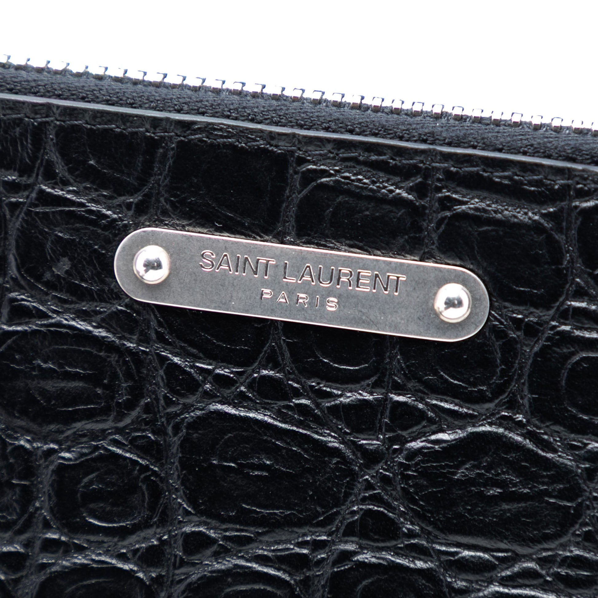 Saint Laurent Croc Embossed Leather Clutch