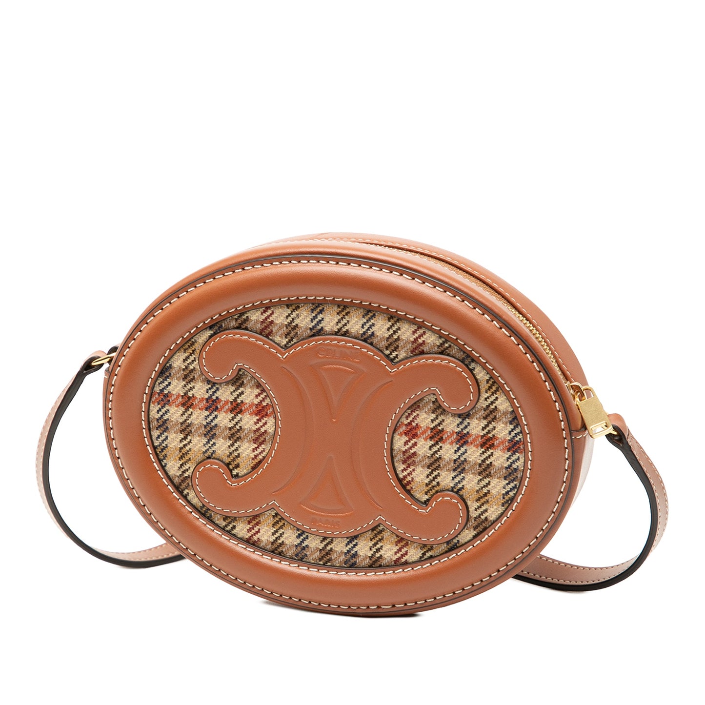 Celine Small Houndstooth Canvas and Calfskin Cuir Triomphe Oval Crossbody