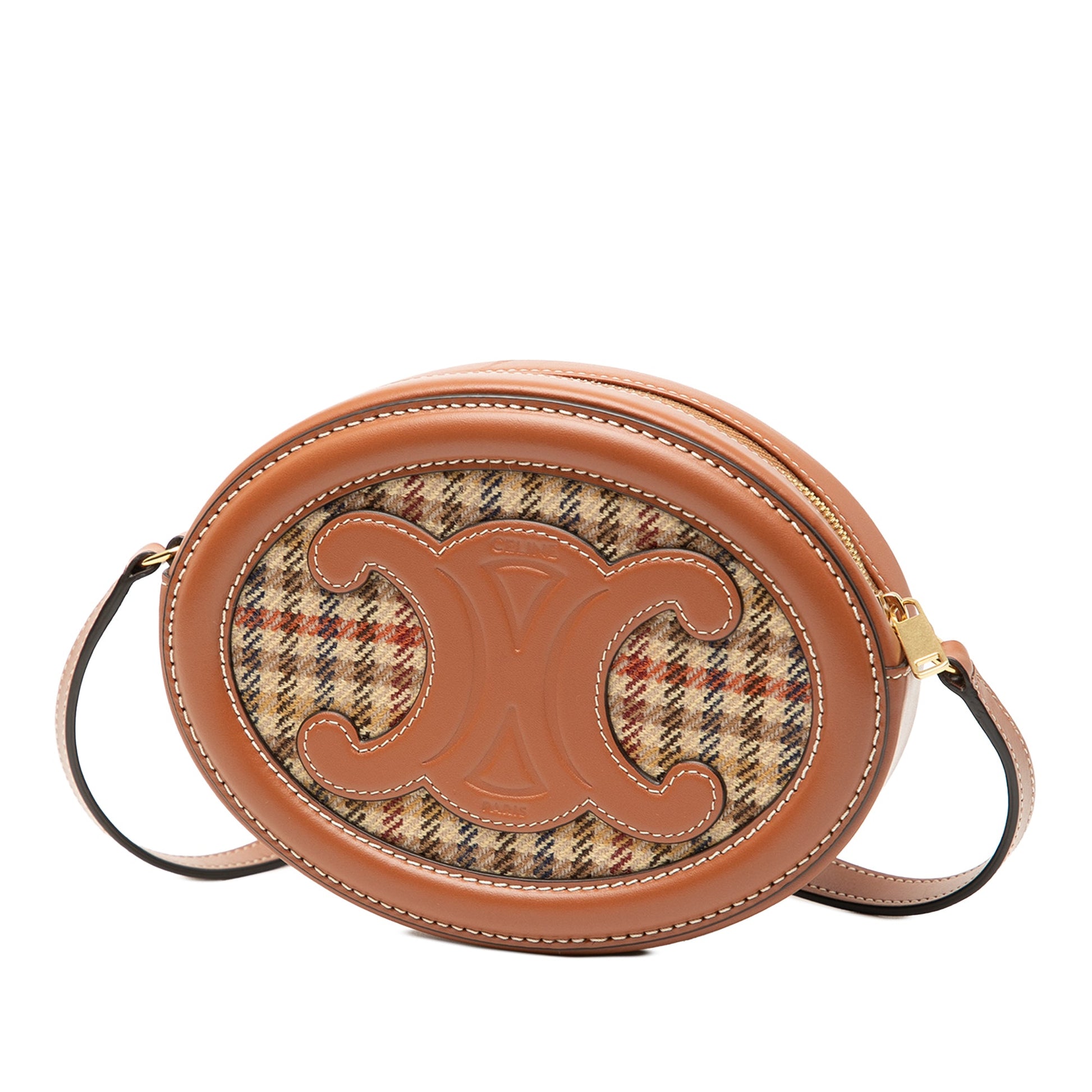 Celine Small Houndstooth Canvas and Calfskin Cuir Triomphe Oval Crossbody