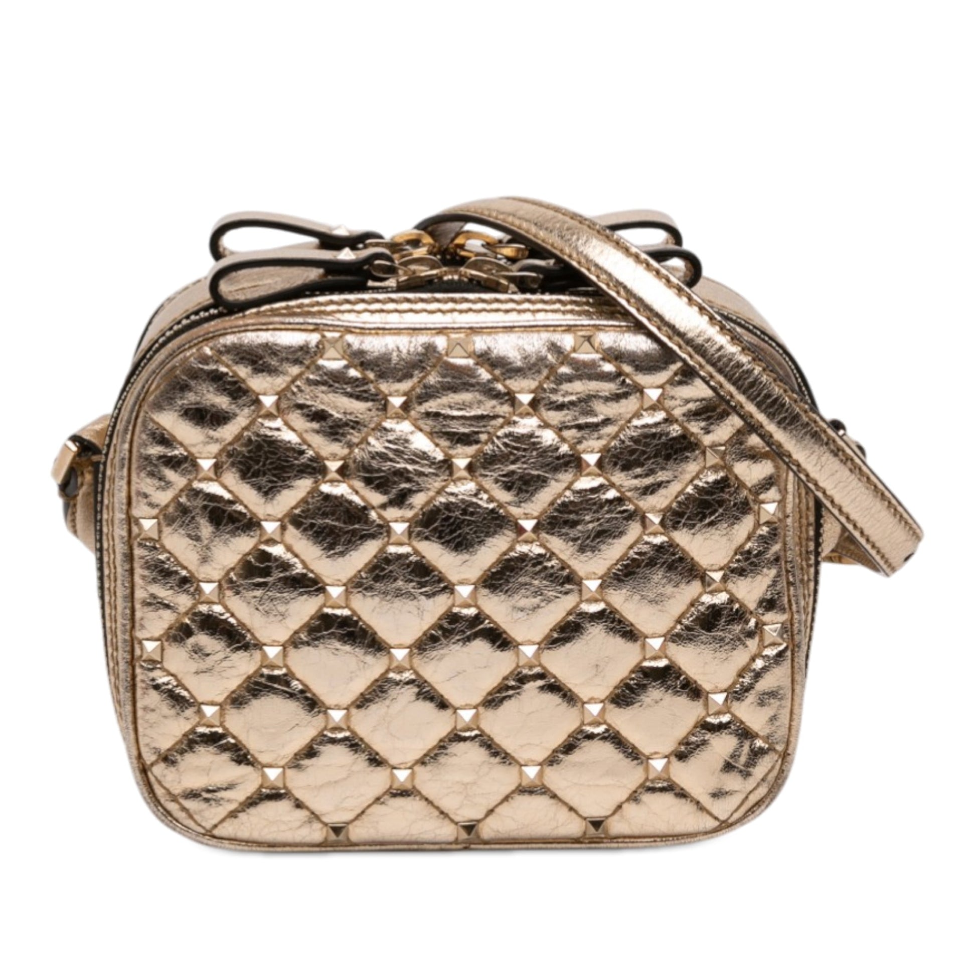 Metallic Wrinkled Lambskin Rockstud Spike Double Zip Camera Bag