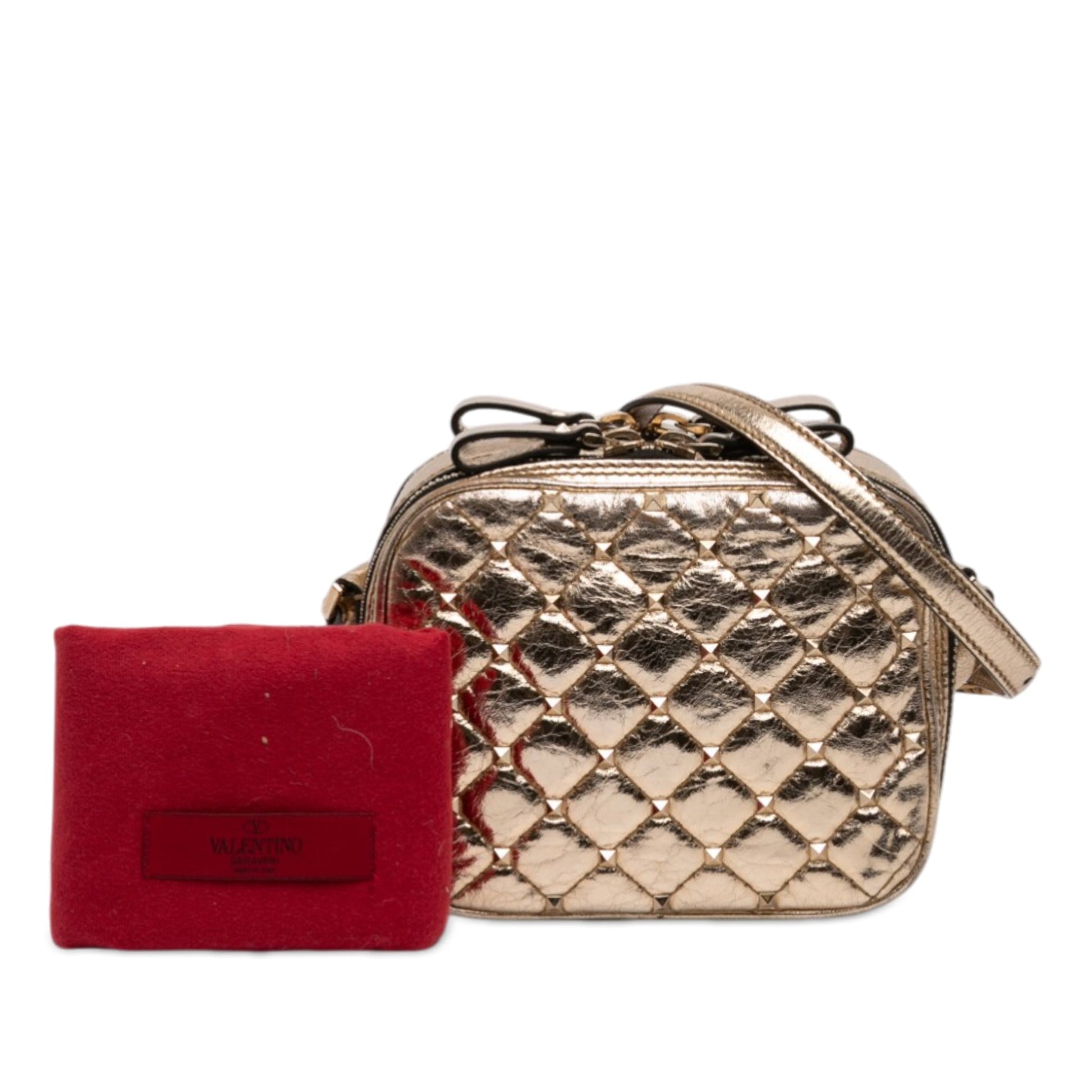 Metallic Wrinkled Lambskin Rockstud Spike Double Zip Camera Bag
