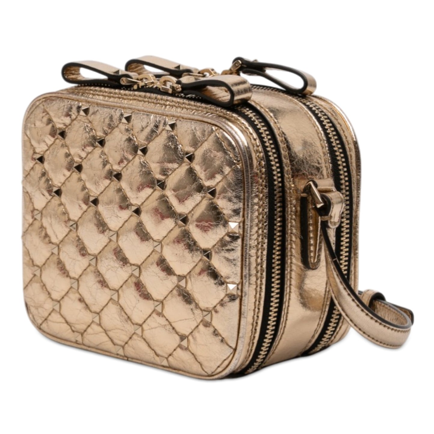 Metallic Wrinkled Lambskin Rockstud Spike Double Zip Camera Bag