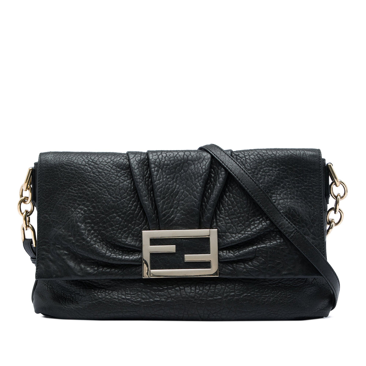Fendi Large Crinkled Lambskin Mia Flap Crossbody — Black
