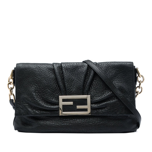 Fendi Large Crinkled Lambskin Mia Flap Crossbody — Black