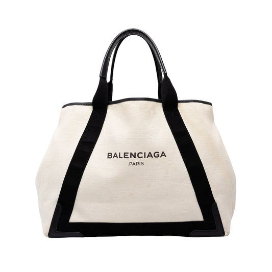 Balenciaga Canvas Navy Cabas Tote L — White