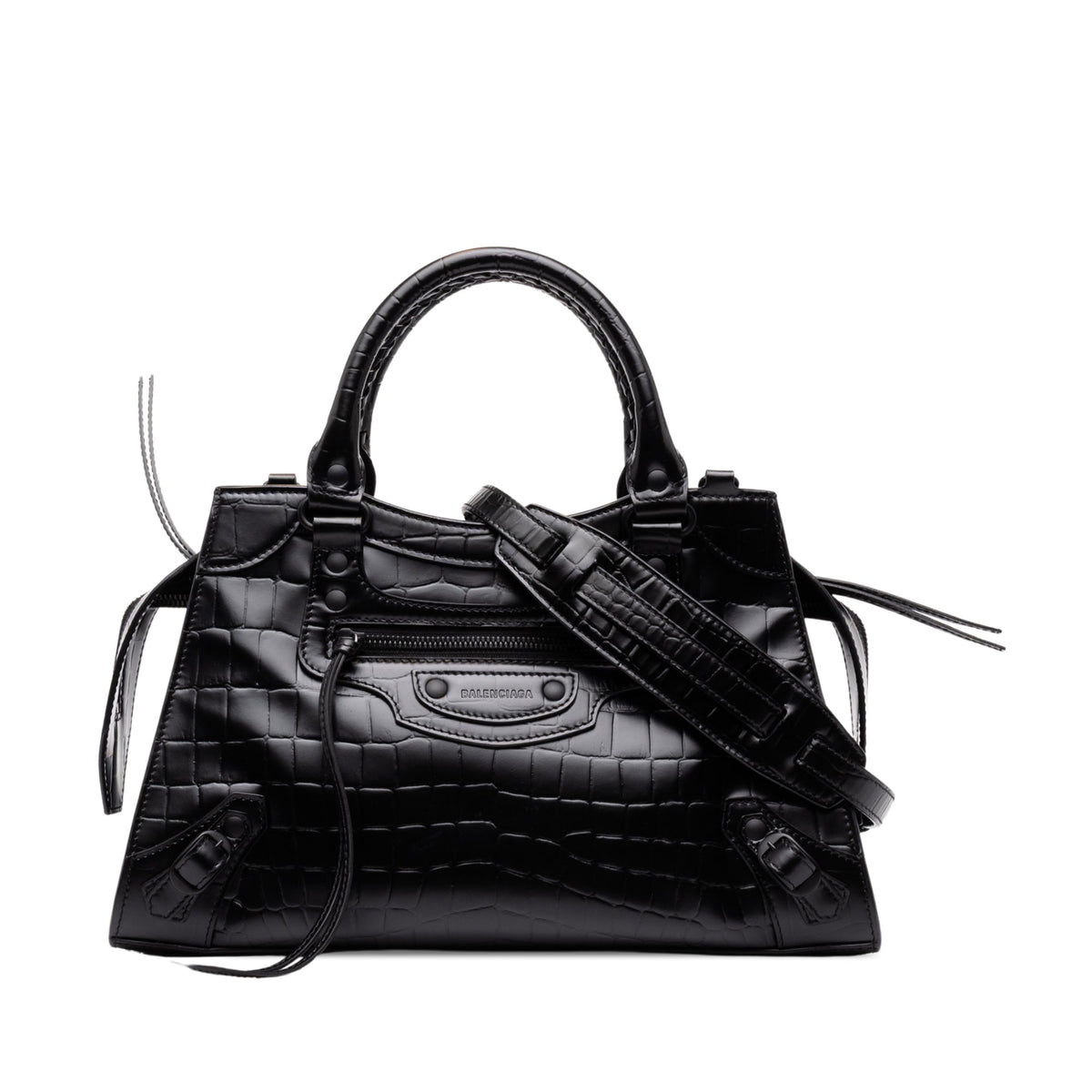 Balenciaga Small Croc Embossed Calfskin Motocross Neo Classic City Satchel