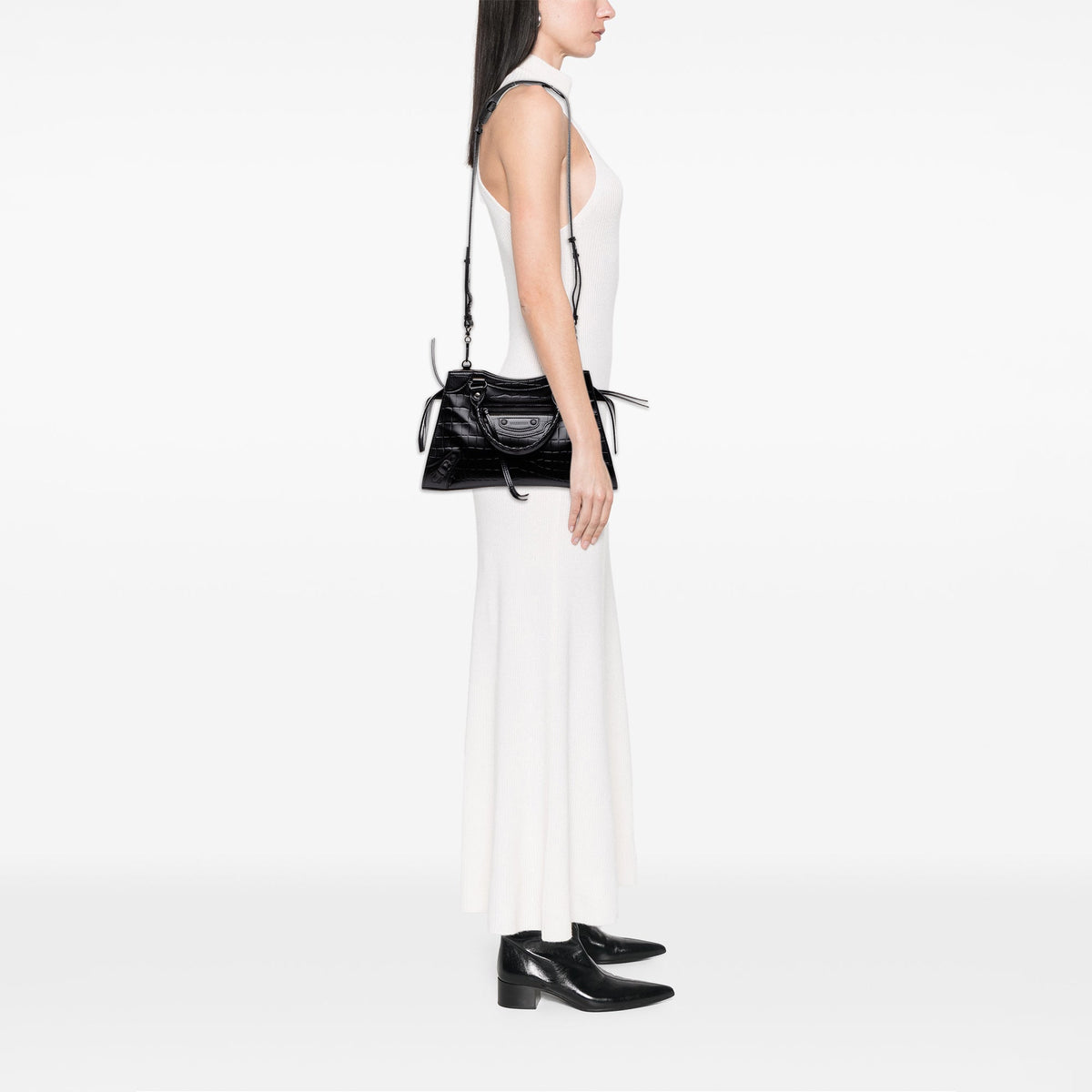 Balenciaga Small Croc Embossed Calfskin Motocross Neo Classic City Satchel