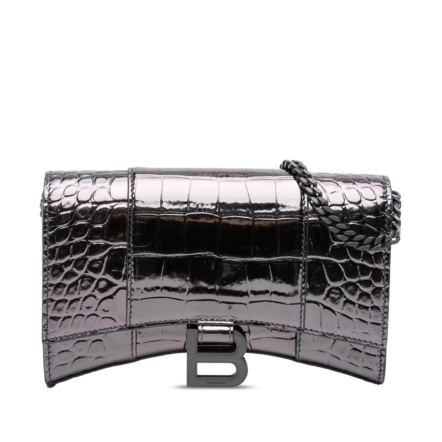 Balenciaga Shiny Calfskin Crocodile Embossed Hourglass Wallet On Chain