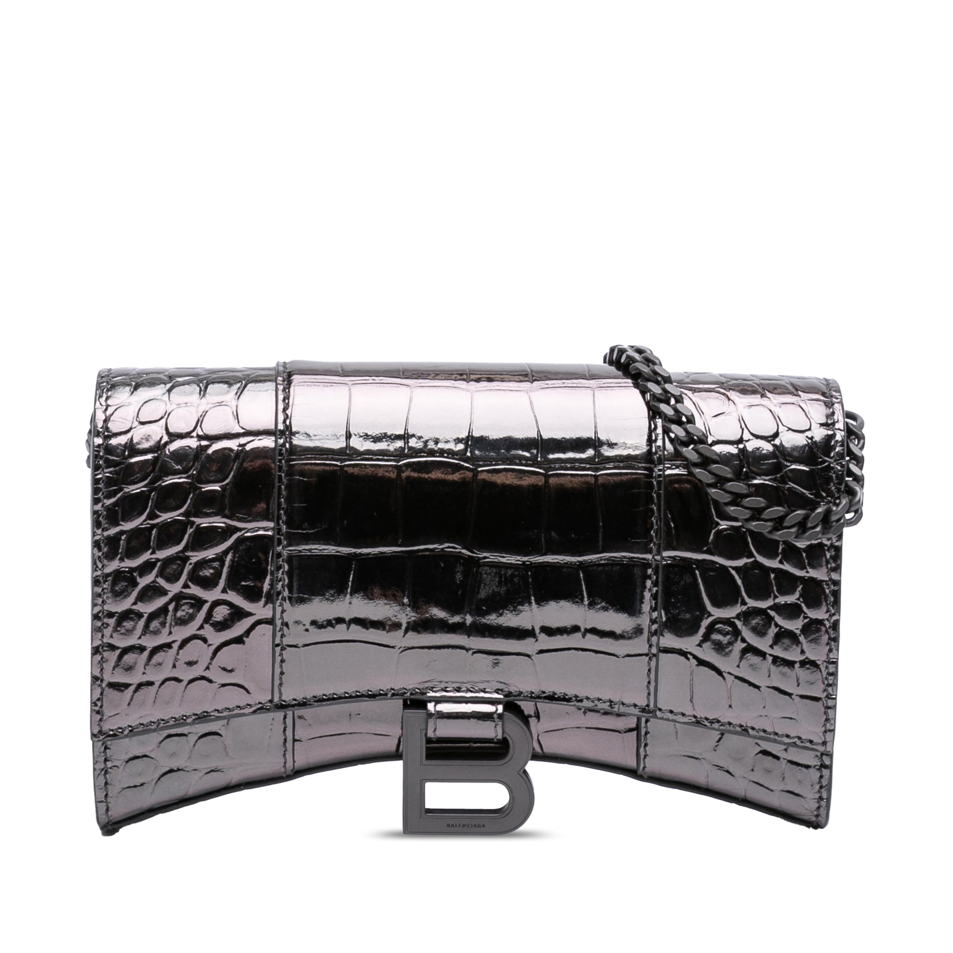 Balenciaga Shiny Calfskin Crocodile Embossed Hourglass Wallet On Chain
