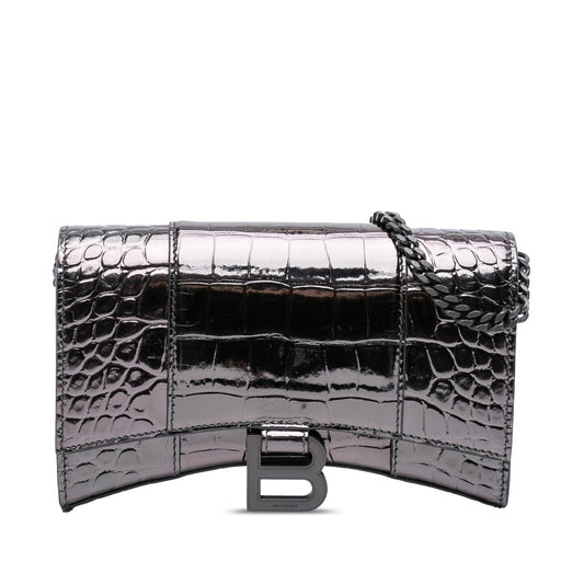 Balenciaga Shiny Calfskin Crocodile Embossed Hourglass Wallet On Chain