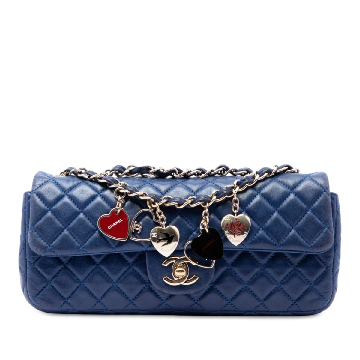 Chanel Quilted Lambskin Valentine Heart Charms East West Flap — Blue