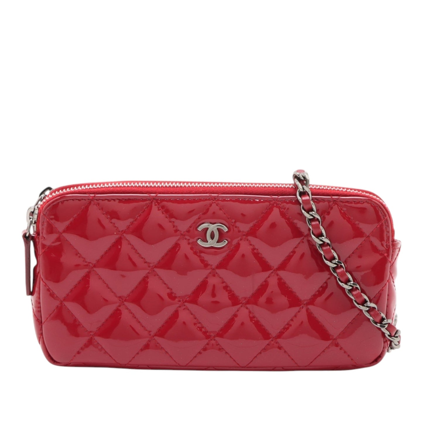 Chanel CC Quilted Patent Double Zip Clutch With Chain