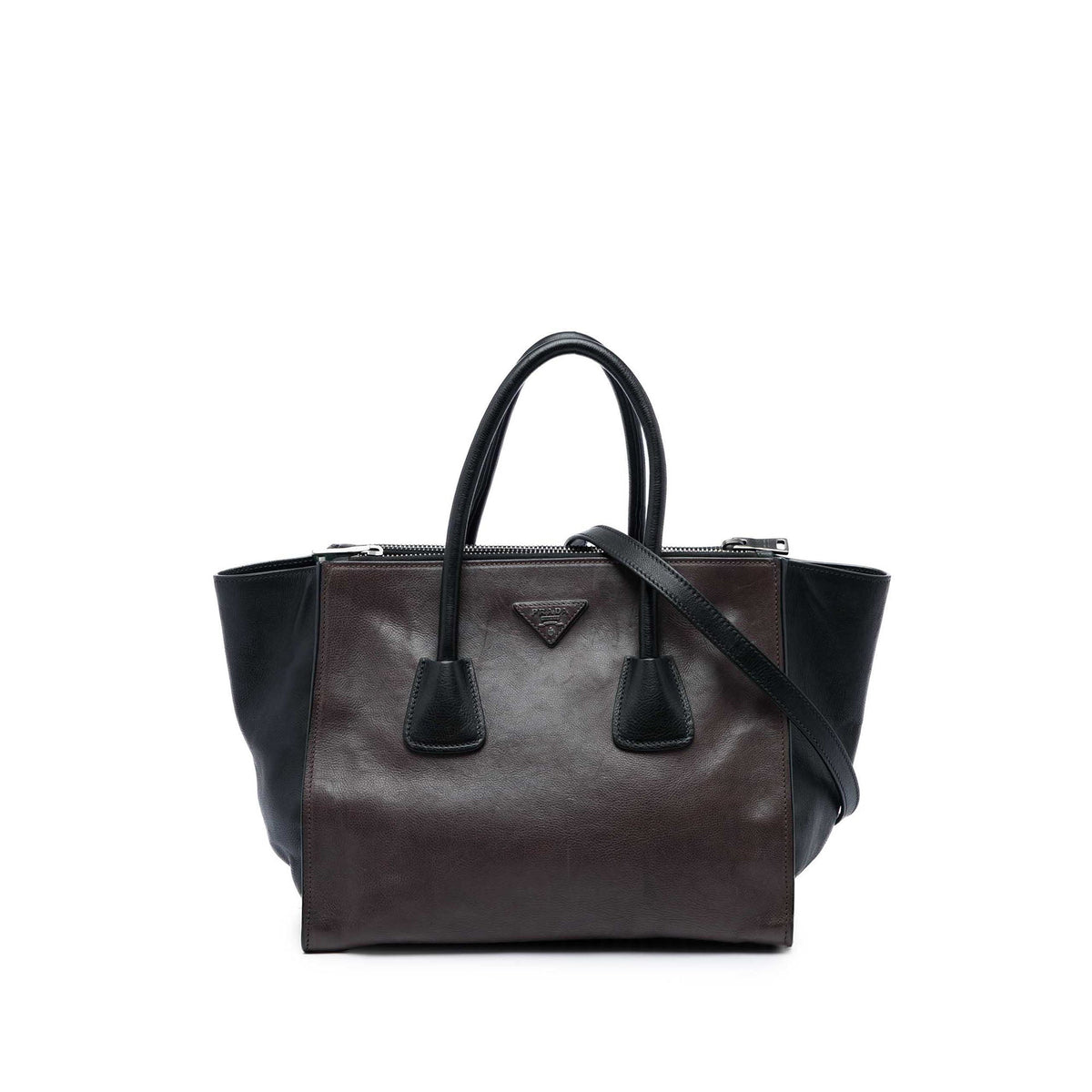 Prada Bicolor Glace Calf Twin Pocket Double Handle Satchel — Brown