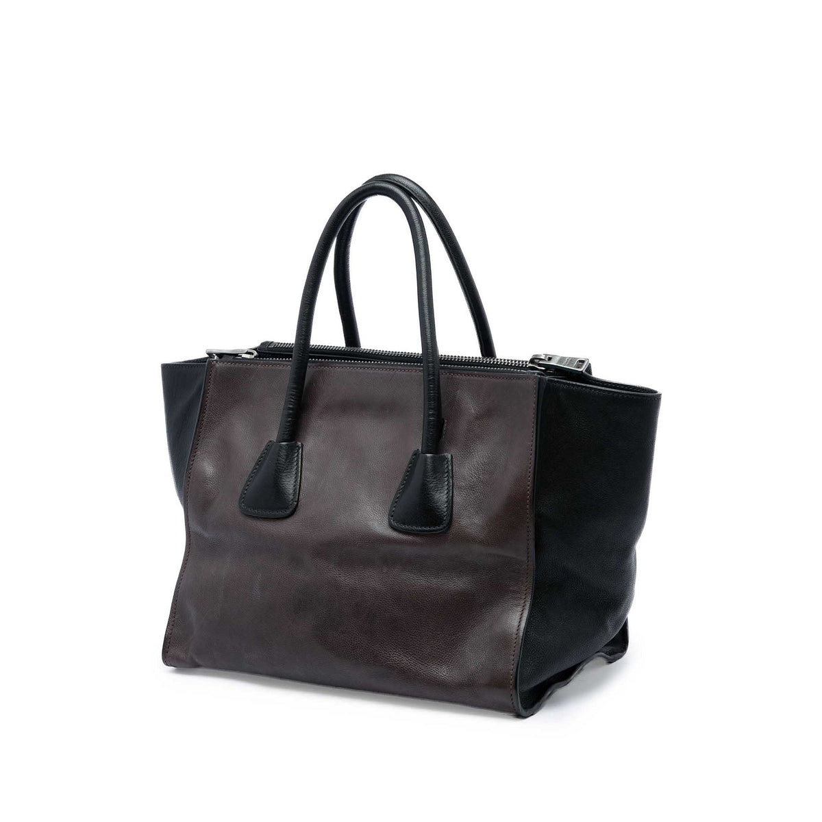 Prada Bicolor Glace Calf Twin Pocket Double Handle Satchel — Brown