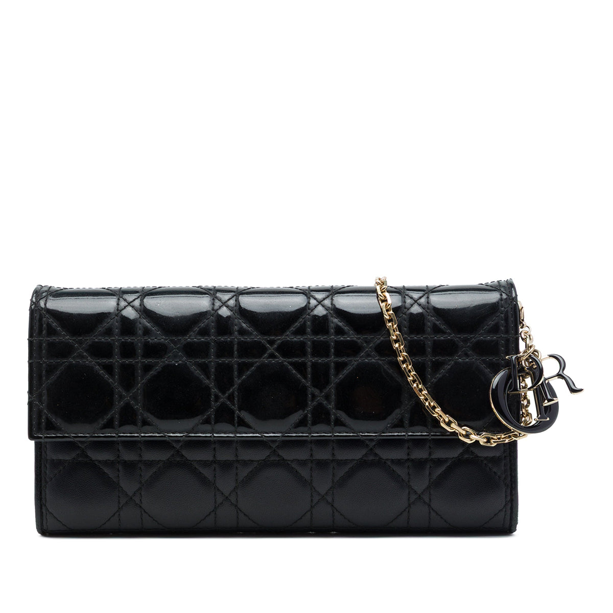 Dior Patent and Lambskin Cannage Lady Dior Wallet On Chain — Black